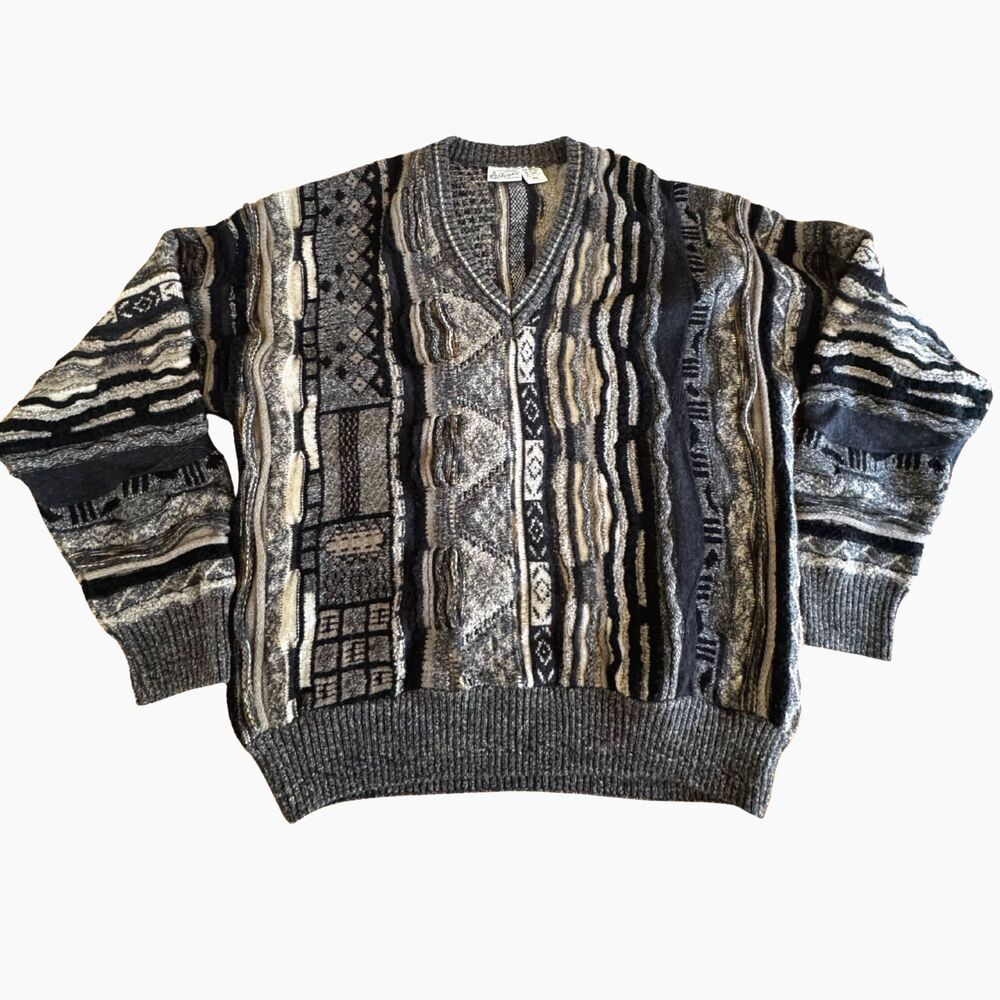 Vtg 90s 3D Knit Italian Wool Textured Coogi Style  V-Neck XL Sweater